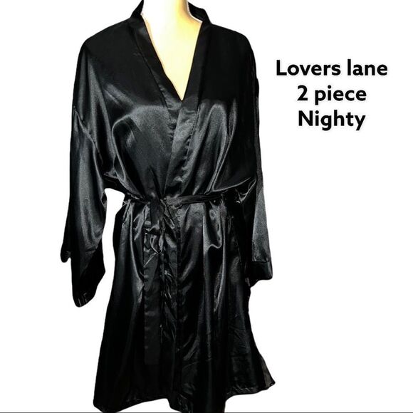 lovers lane 2 piece nighty set! Black silky look nighty with matching robe! - Picture 1 of 12